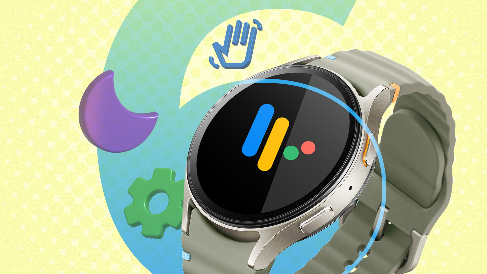 A smartwatch with the Wear OS logo and some icons beside it.