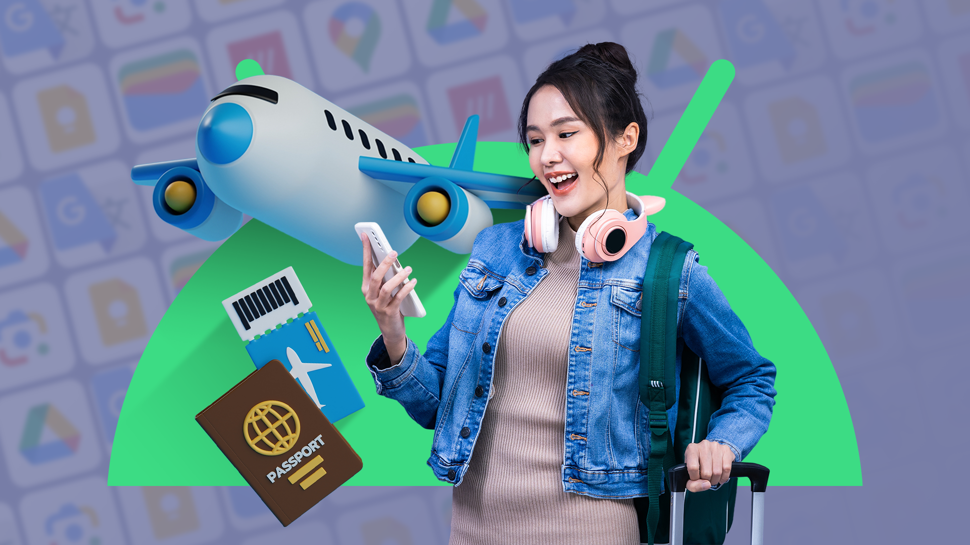 Μια γυναίκα που κρατά μια βαλίτσα και ένα τηλέφωνο, με εικονογραφήσεις διαβατηρίου, εισιτηρίου και αεροπλάνου δίπλα της και θολά εικονίδια εφαρμογών στο παρασκήνιο.
