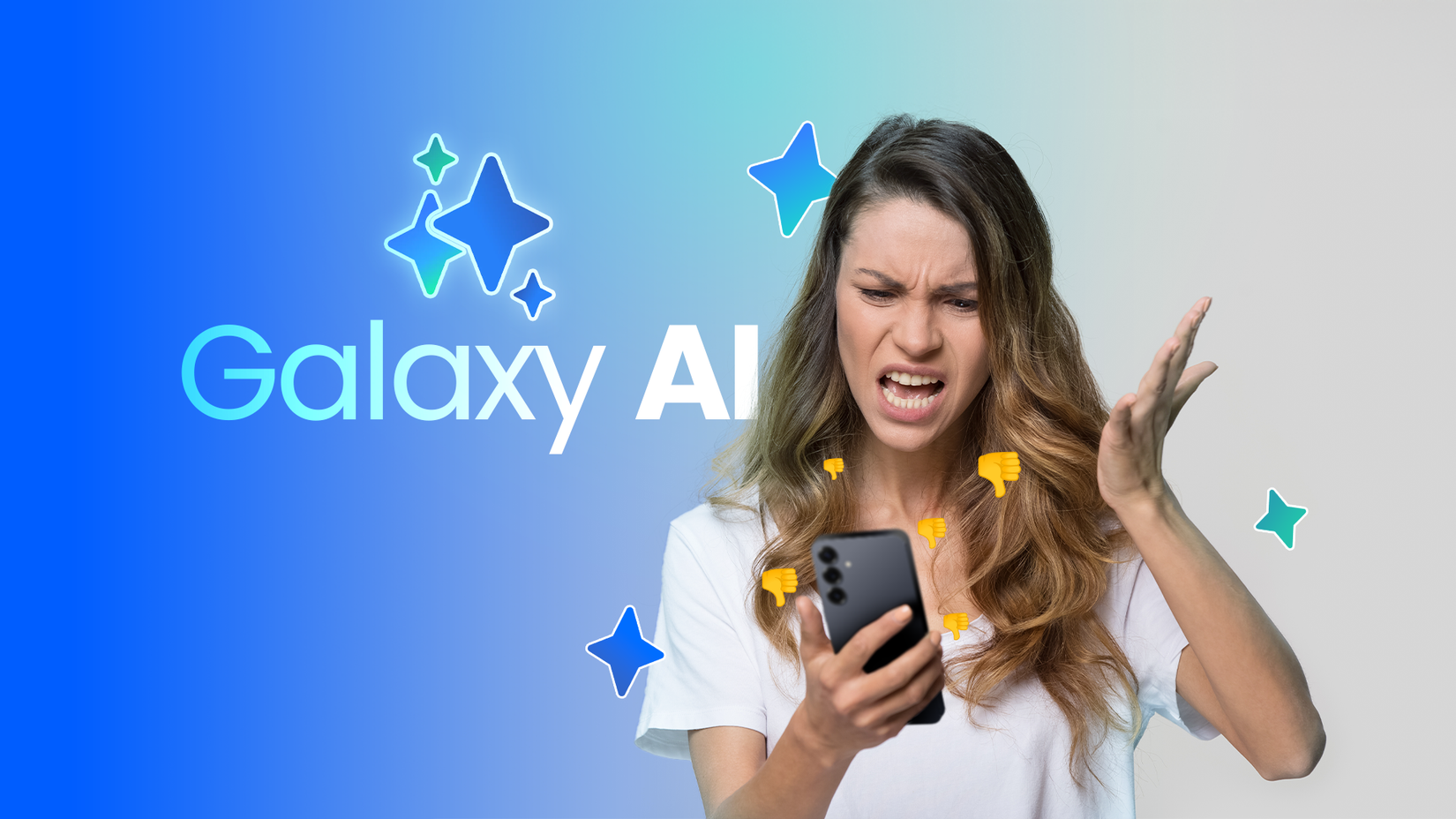 An angry woman holding her phone with the Galaxy AI logo beside her