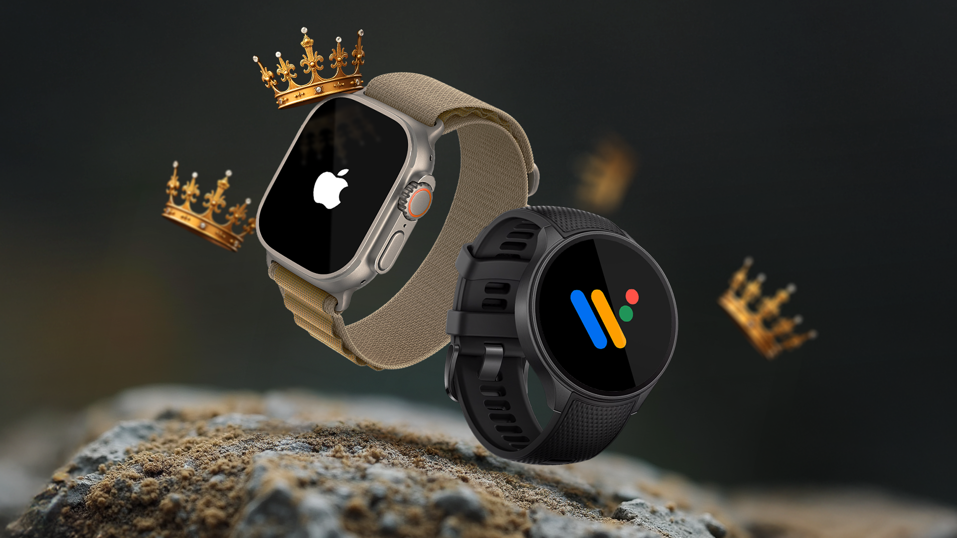 An Apple Watch with a crown beside a OnePlus Watch on a rock.