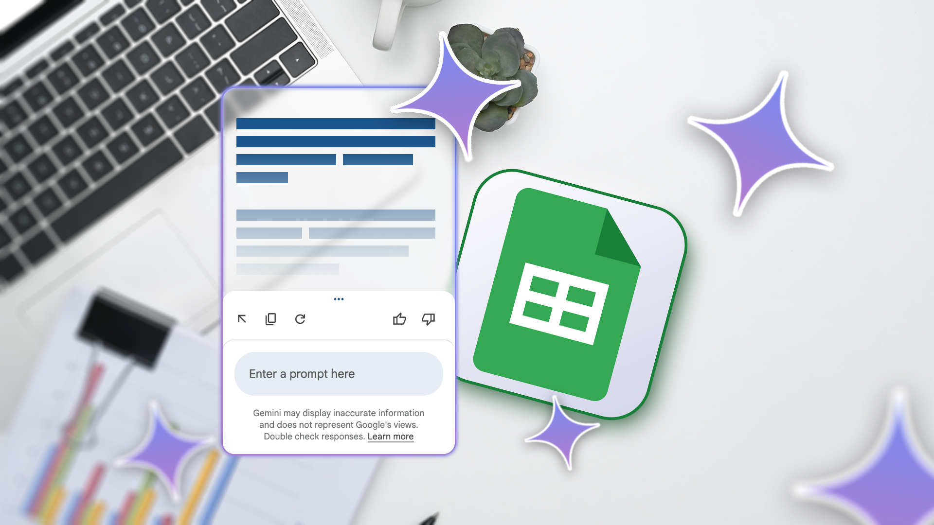 Una scrivania da ufficio con il logo di Fogli Google e un campo di prompt di Gemini accanto.