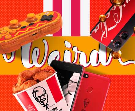 An Oscar Mayer hot dog controller, a Huawei KFC phone, and a Realme Coca-Cola phone with 'weird' written in the center.