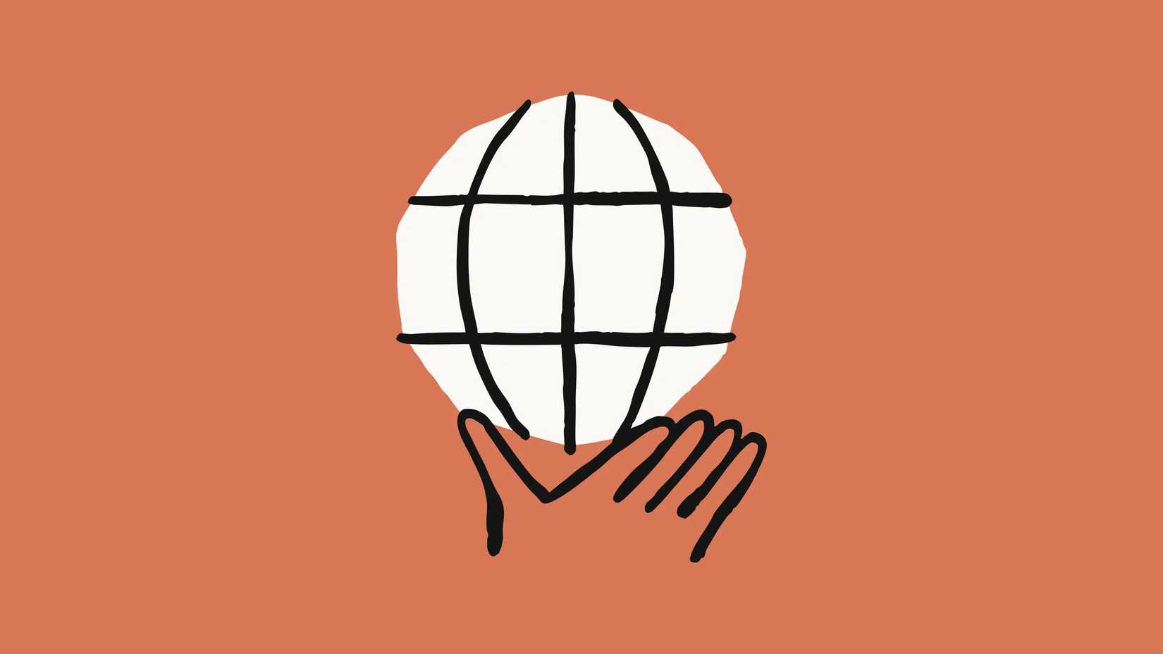 Imagem mostrando uma mão segurando um globo, contra um fundo laranja