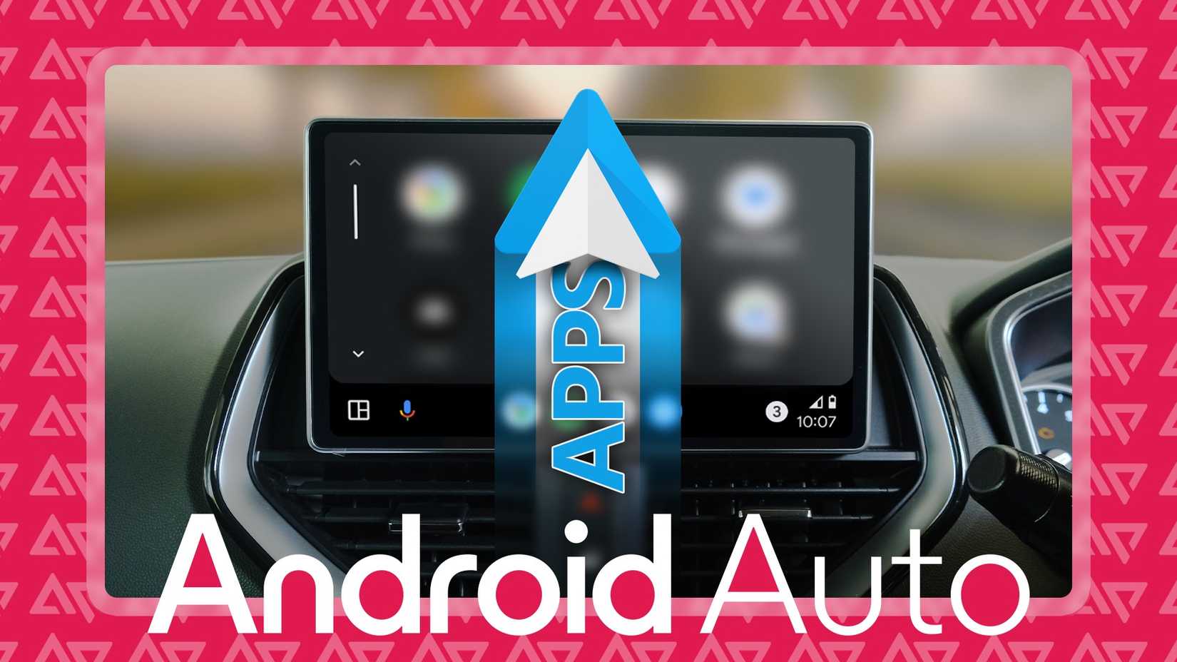 Car dashboard displaying Android Auto interface with overlay of logo labeled 'APPs' pointing upwards