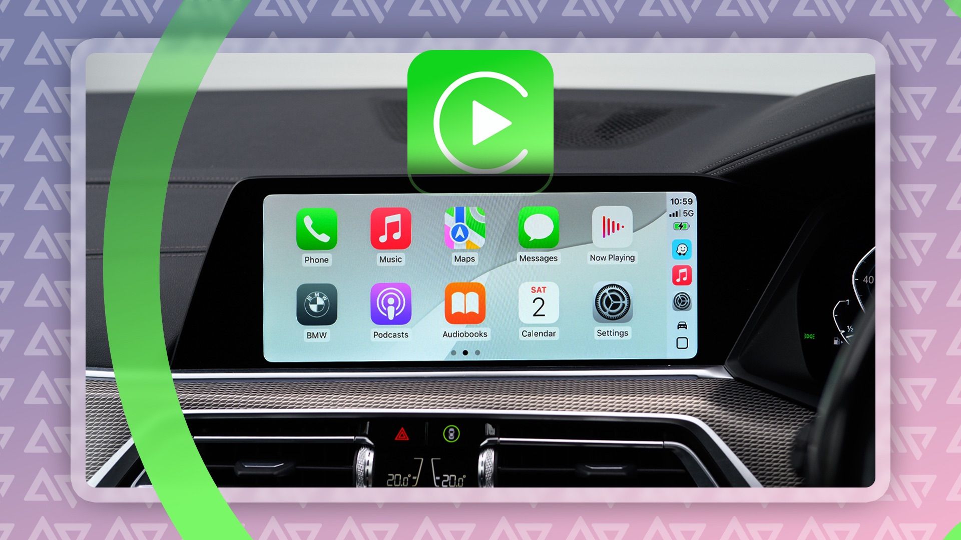 Car dashboard with the Apple CarPlay screen and its logo in the center.