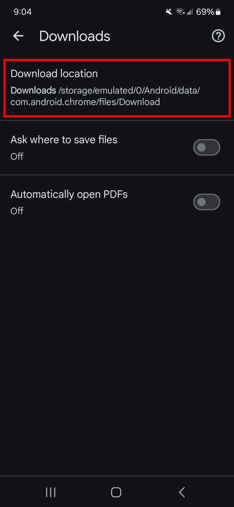 Contorno rettangolare rosso che evidenzia il percorso di download dell'app Chrome