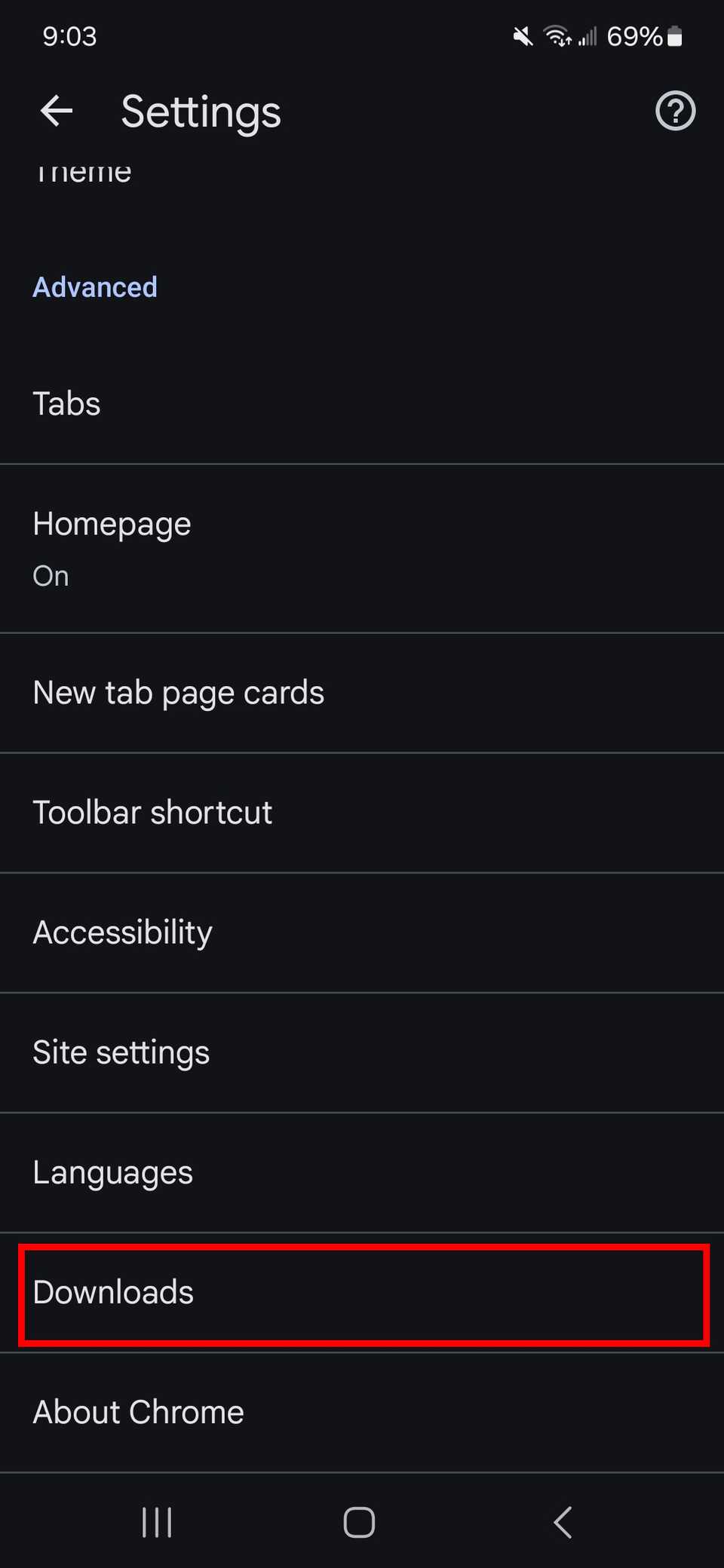 Contorno del rettangolo rosso che evidenzia i download nelle impostazioni dell'app Chrome