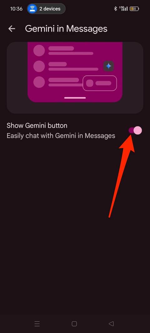يظهر إلغاء تنشيط ميزة Gemini في الرسائل بواسطة سهم أحمر يشير إلى زر تبديل Show Gemini في تطبيق الرسائل