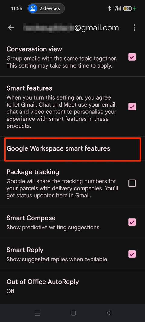 تحديد خيار ميزات Google Workspace الذكية في قائمة إعدادات Gmail