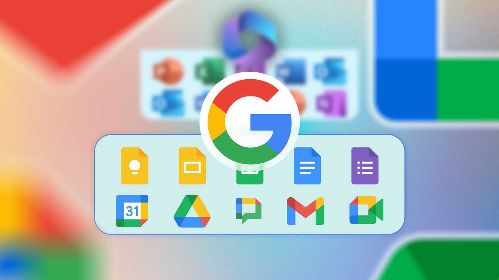 Logotipo do Google com os logotipos de alguns aplicativos do Google Workspace abaixo e alguns aplicativos do Microsoft 365 desfocados no fundo. (1)