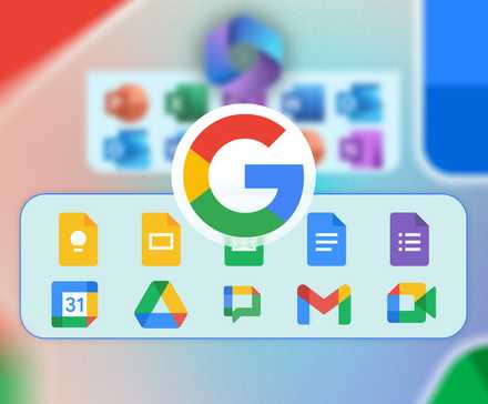 Logotipo do Google com os logotipos de alguns aplicativos do Google Workspace abaixo e alguns aplicativos do Microsoft 365 desfocados no fundo. (1)