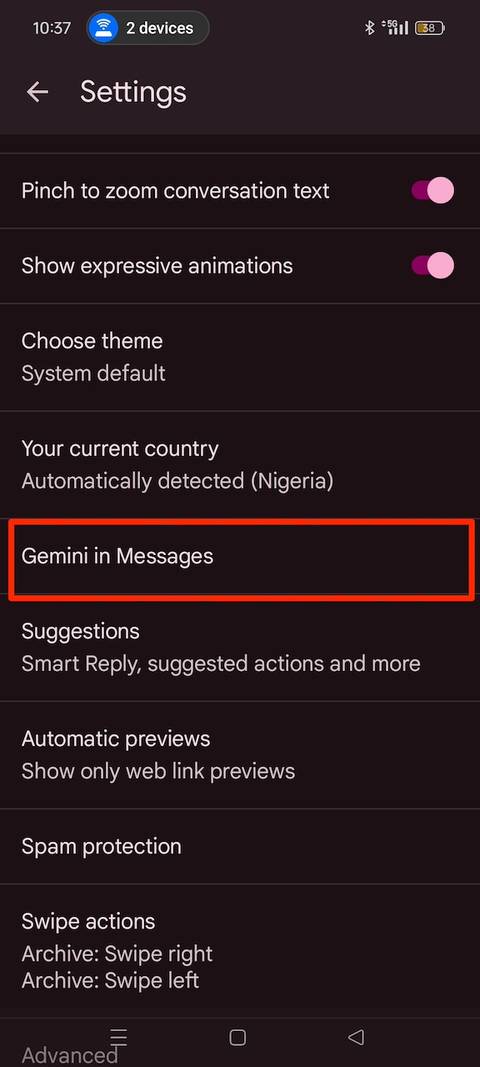 Selecting Gemini in Messages option in the app's settings menu