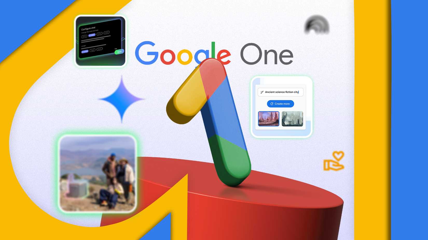 Google One logo with some of its features around it