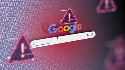 Google search bar with warning signs around it and a glitch effect.