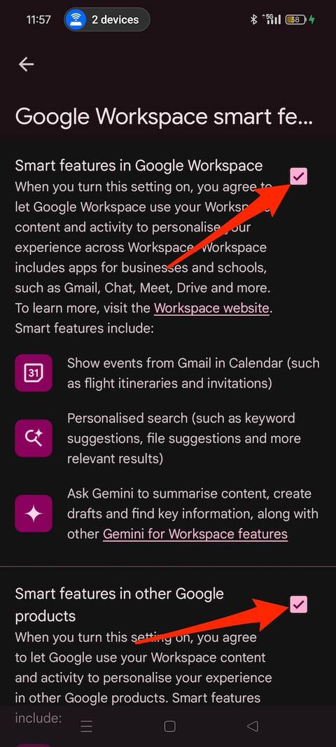 Deactivating Google Workspace smart features in Gmail settings menu shown by two red arrows pointing to two checkboxes