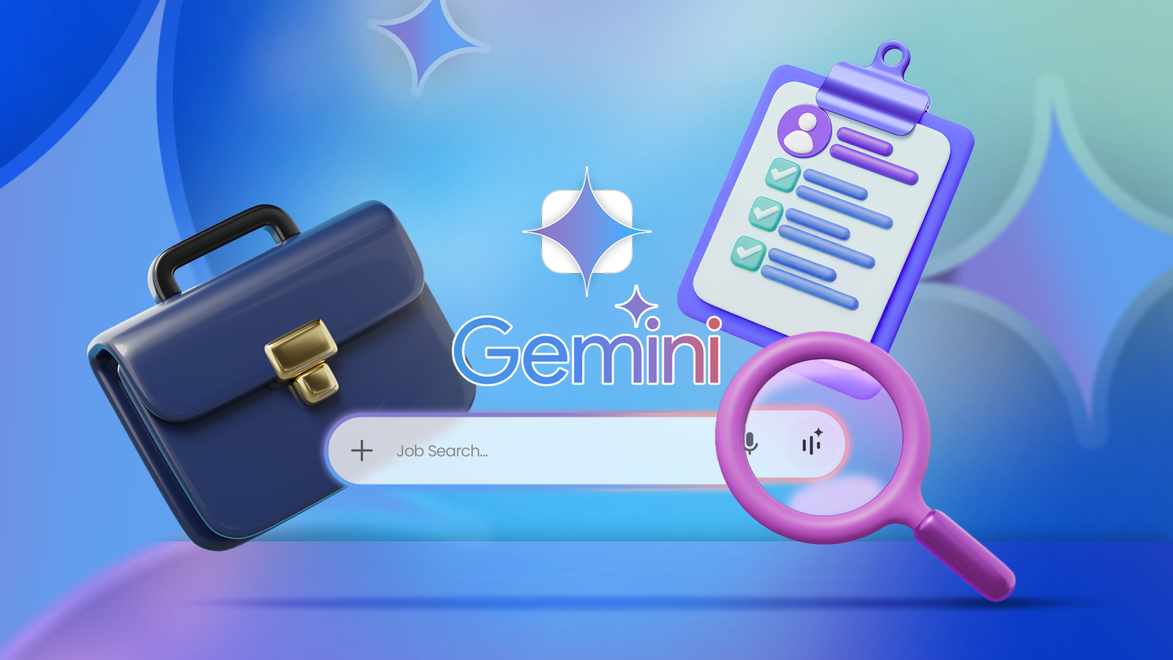 Illustration of a job search in Gemini with related items around.