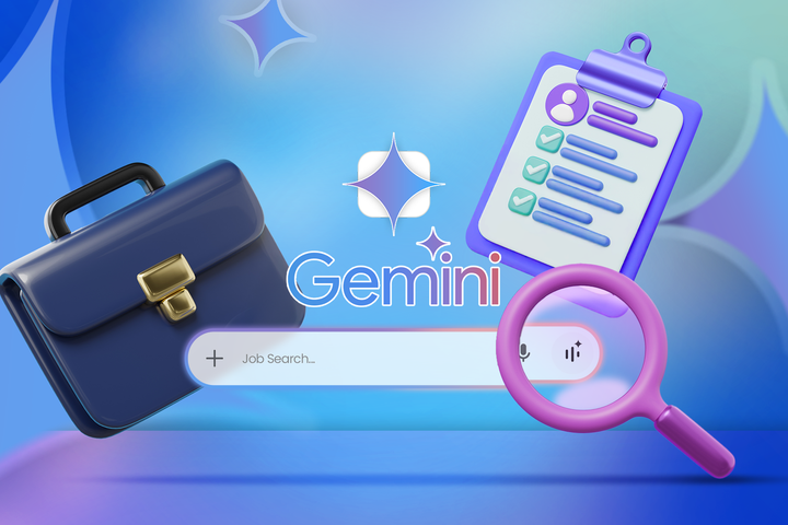 Illustration of a job search in Gemini with related items around.