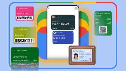 Illustration d'un téléphone ouvert avec Google Wallet entouré de tickets et de documents pouvant être ajoutés à Google Wallet