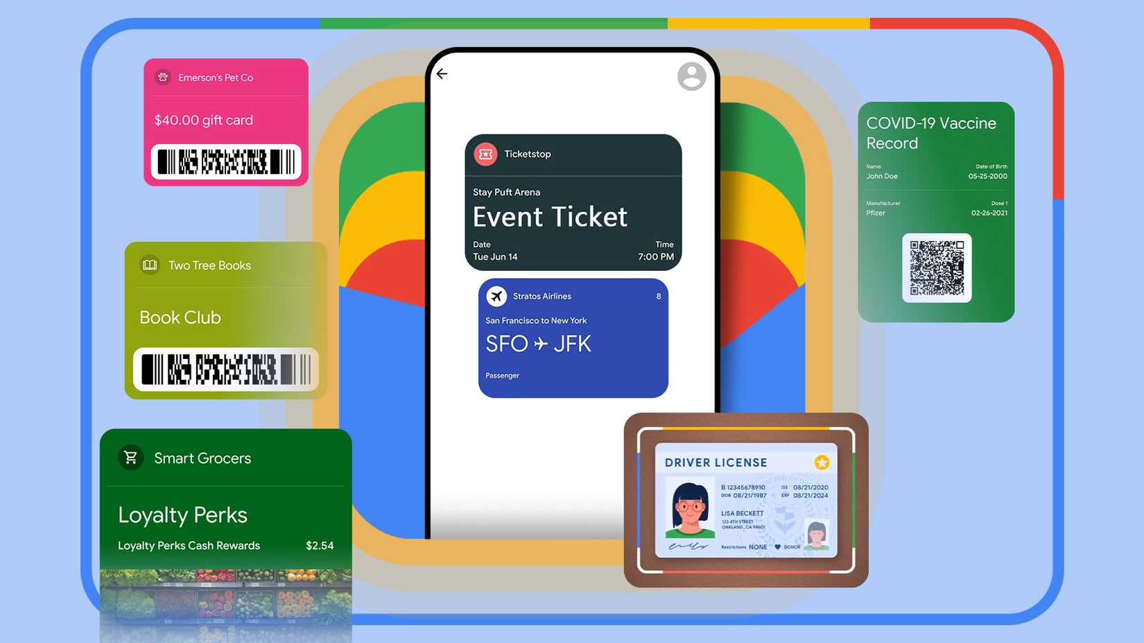 Illustration of a phone with Google Wallet open, surrounded by tickets and documents that can be added in Google Wallet.