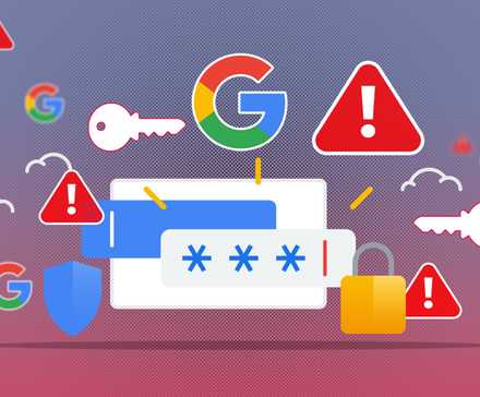 Ilustração do gerenciador de senhas do Google com o logotipo do Google e sinais de alerta ao redor.