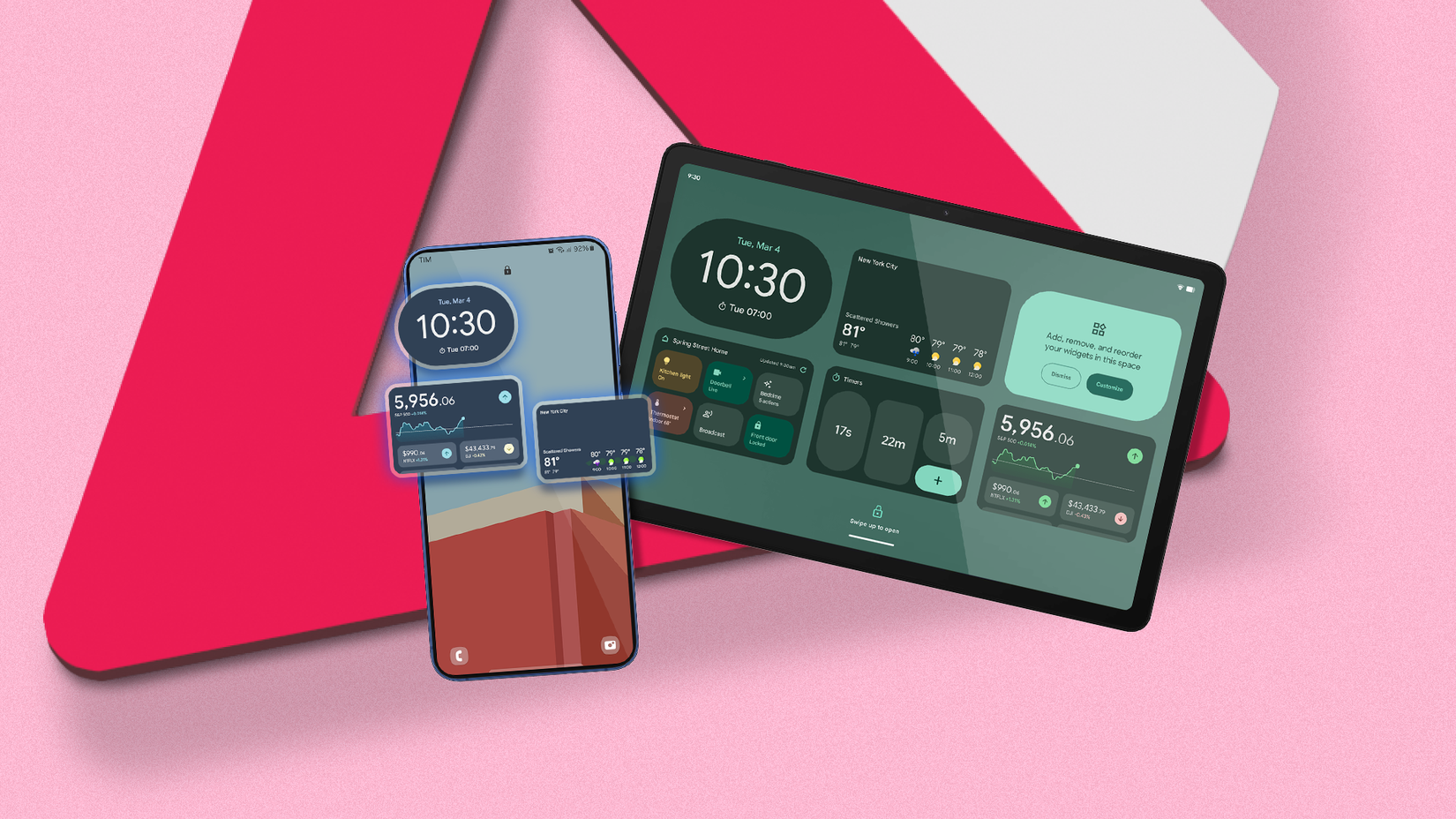 Um telefone Android e um tablet com widgets na tela de bloqueio
