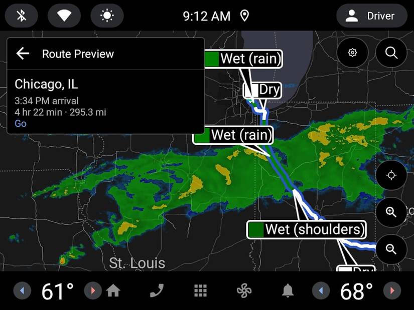 Visualização da rota de St Louis para Chicago mostrando condições climáticas marcadas como Úmido (chuva) e Úmido (ombros) 