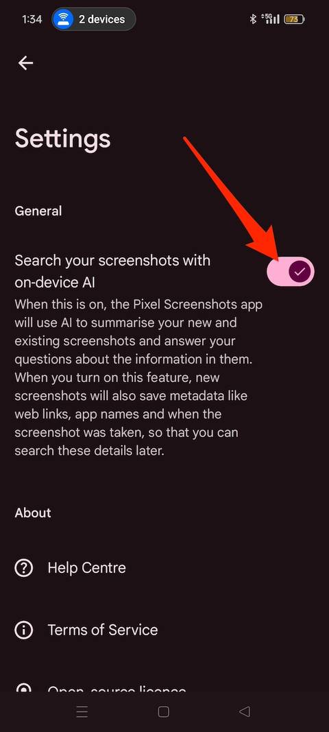 Deactivating screenshot search and AI summaries on Pixel Screenshots app shown by the red arrow pointing to the Search your screenshots with on device AI toggle