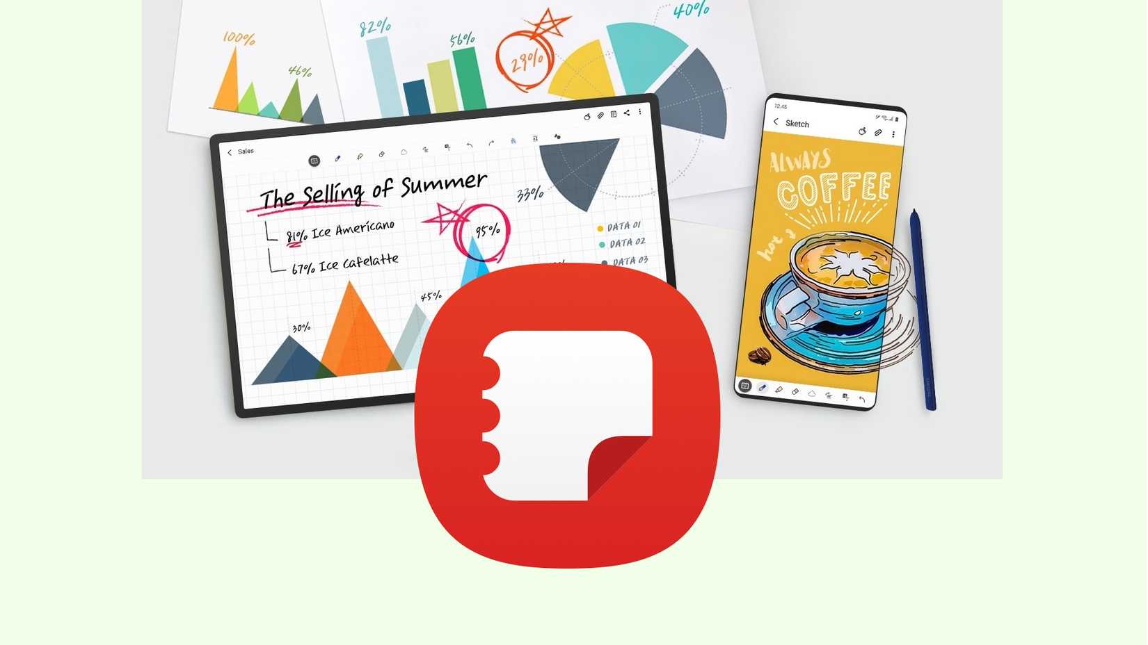 Logotipo do Samsung Notes na frente da imagem contendo a S Pen e dispositivos que usam o Samsung Notes