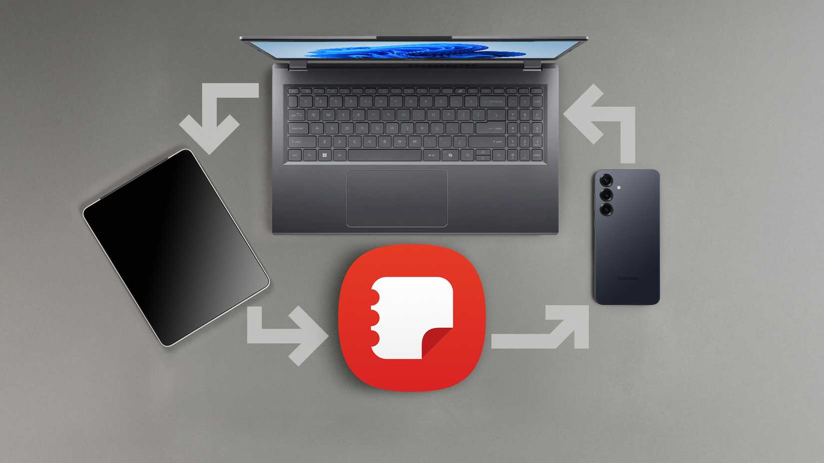 Samsung Notes logo with a laptop, smartphone, and tablet beside it, with arrows indicating they are synchronized.