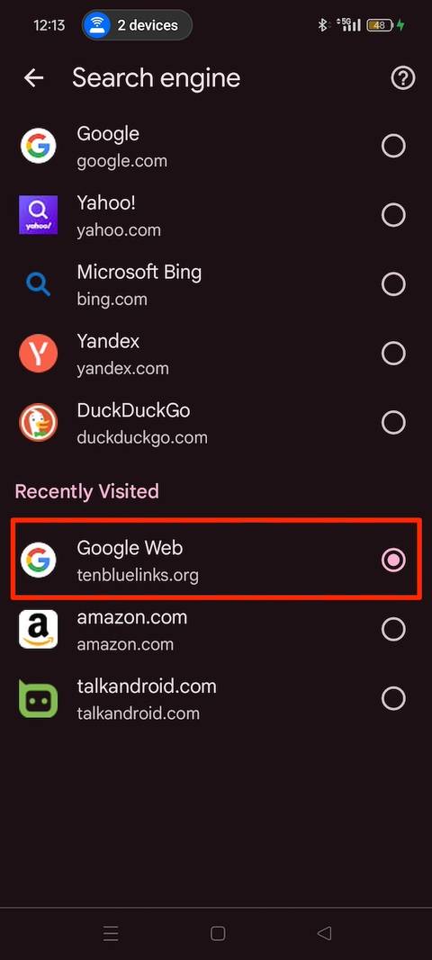 Choosing recently visited Google Web option as the preferred search engine in Chrome browser
