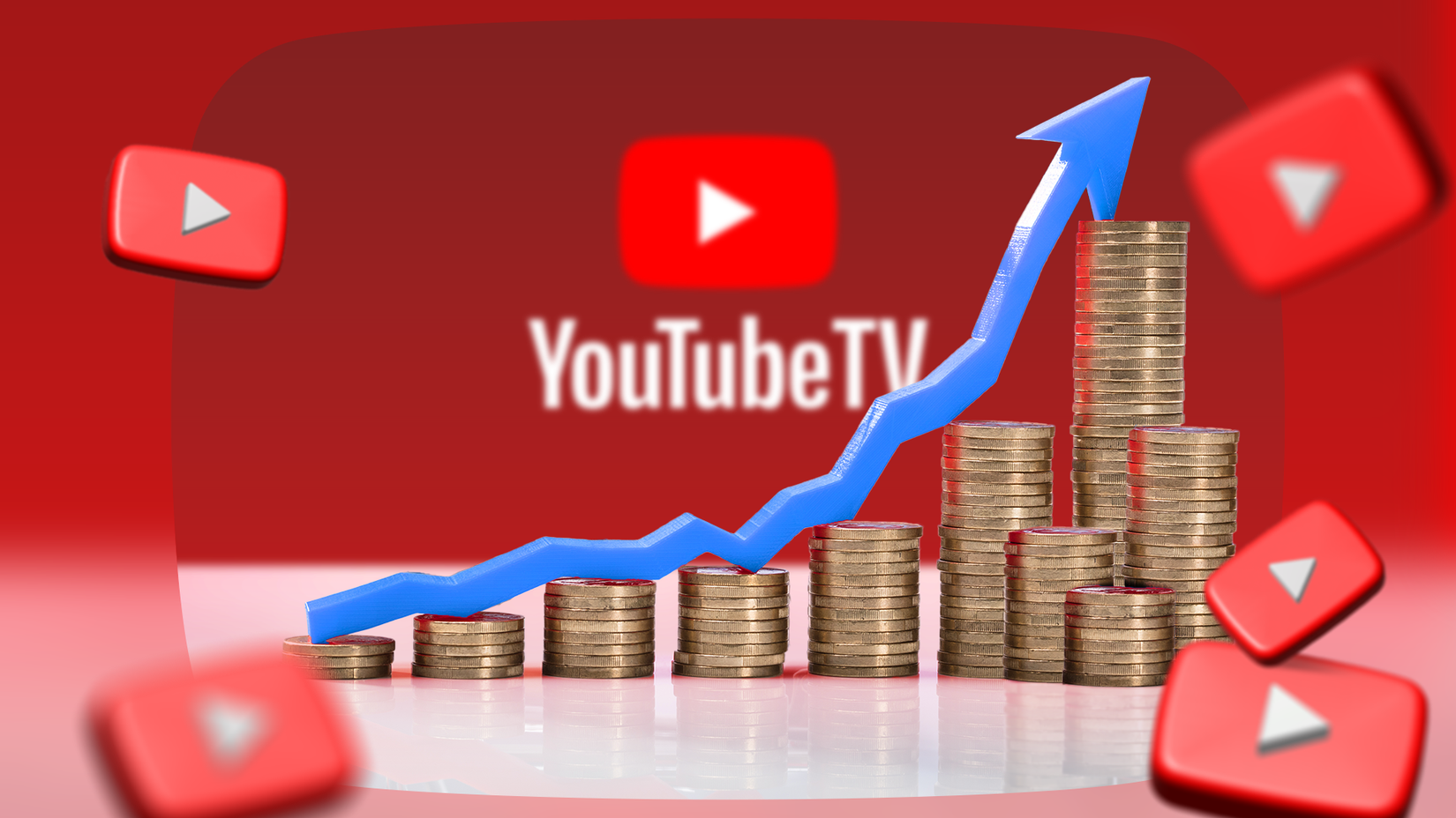 Some coins with a rising graph and Youtube TV logo in the background.
