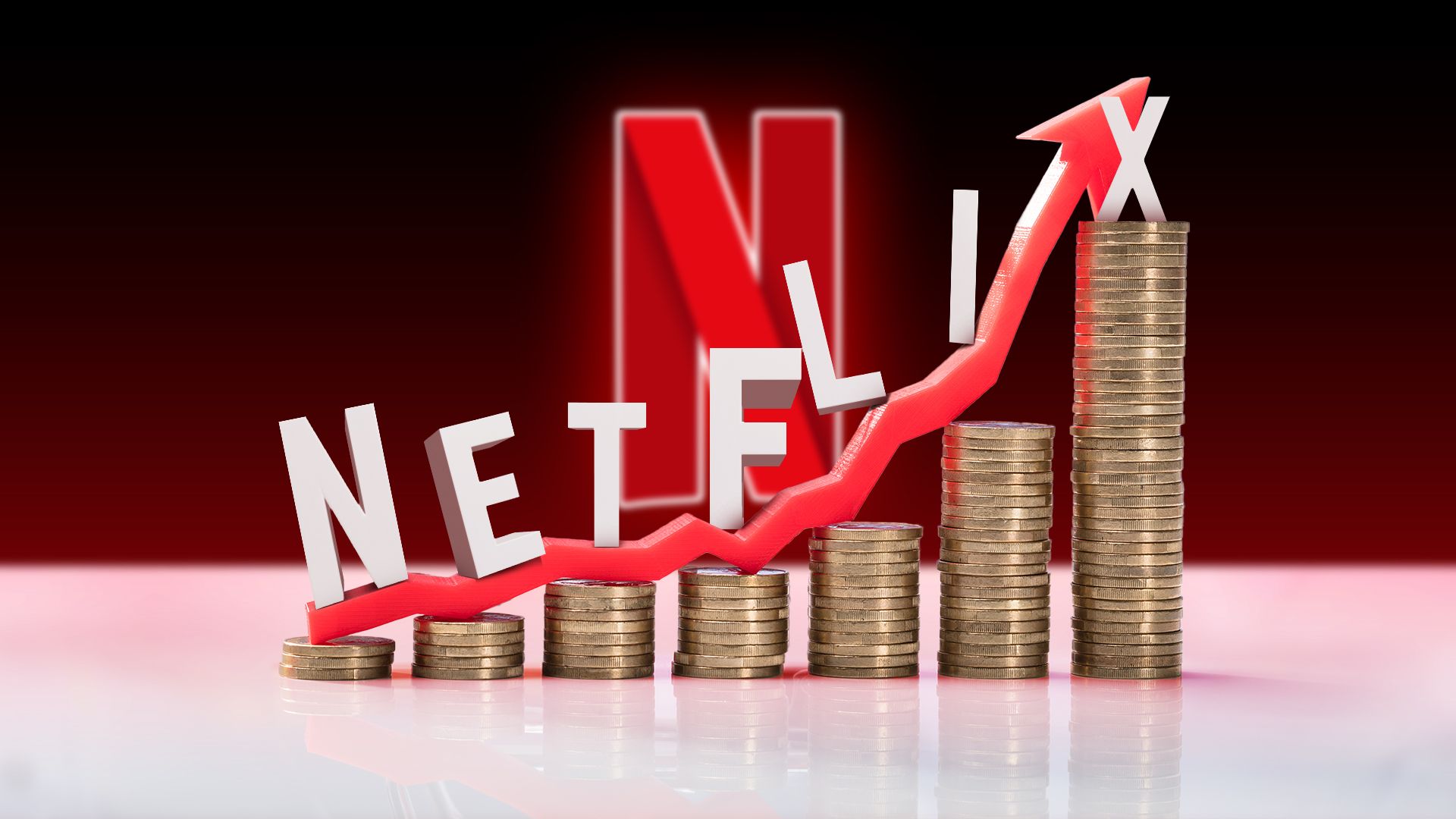 Algumas moedas com um gráfico ascendente, 'Netflix' escrito acima das moedas e o logotipo ao fundo.