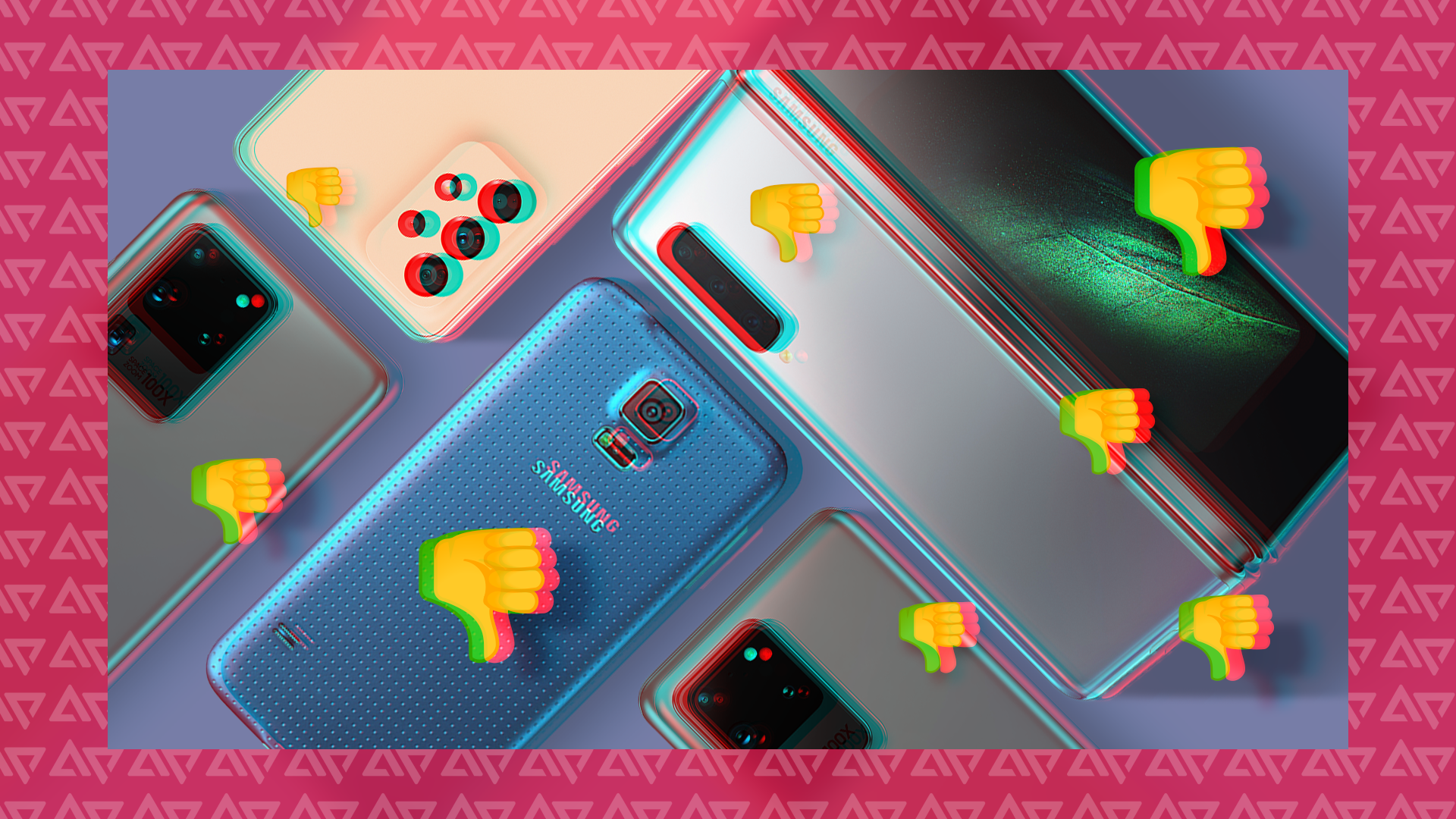 Some Samsung smartphones with thumbs down icons around them