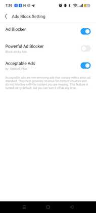 Ads Block Setting menu on UC Browser with three options