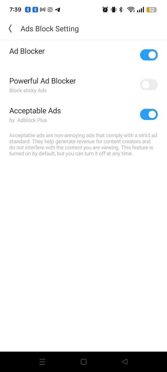 Ads Block Setting menu on UC Browser with three options