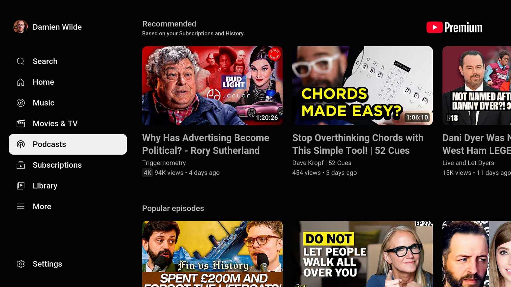 A screenshot of the new Podcasts shortcut on the YouTube app for TVs.
