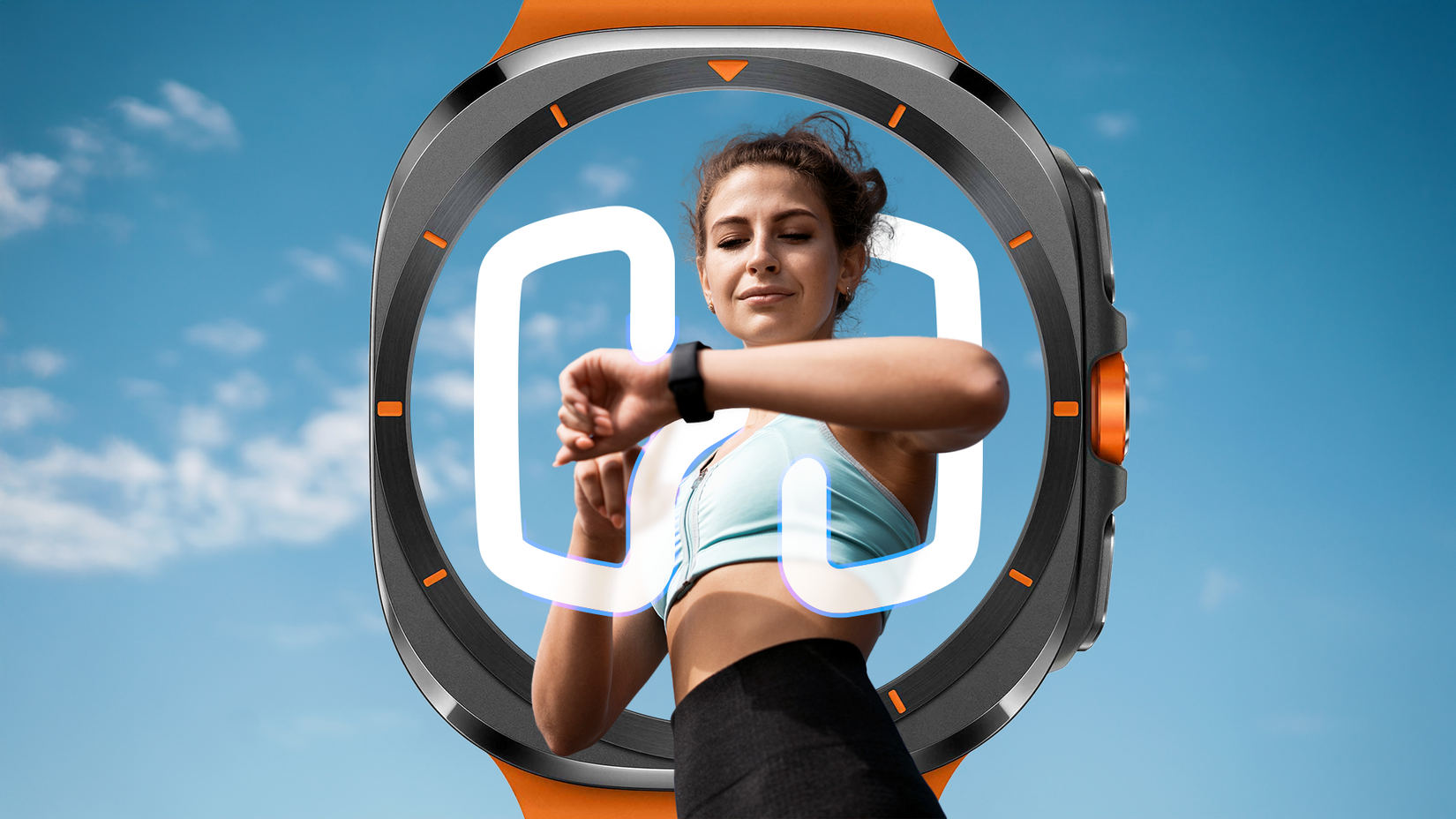 A fitness woman looking at her smartwatch, with the Hevy logo in the background. (1)