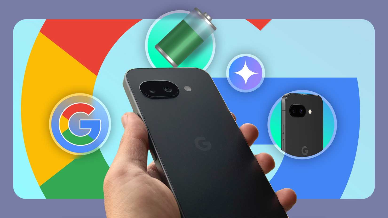 Ένα χέρι που κρατά ένα smartphone Google Pixel 9a με οπτικά μηνύματα που τονίζουν την μπαταρία, τις λειτουργίες τεχνητής νοημοσύνης και την κάμερα, σε φόντο με το λογότυπο της Google