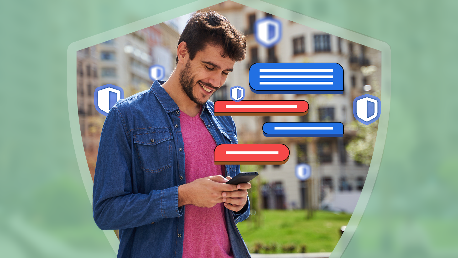 Un uomo che invia messaggi sul suo telefono circondato da icone di scudi.