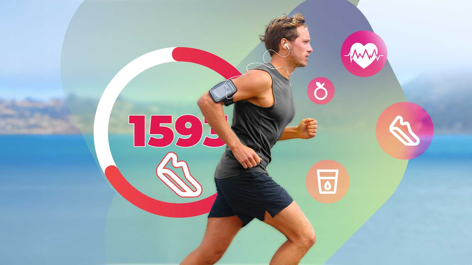 Ένας άντρας που τρέχει με το τηλέφωνό του σε ένα περιβραχιόνιο, ένα βήμα παρακολούθησης πίσω του και εικονίδια που σχετίζονται με την υγεία τον περιβάλλουν.