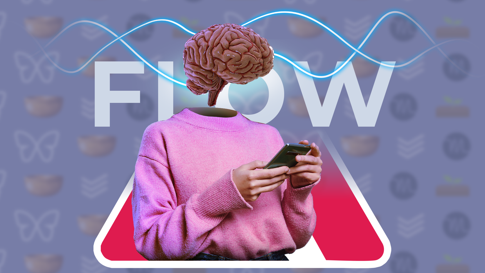 A person using their phone with a brain instead of a head and 'flow' written in the background.