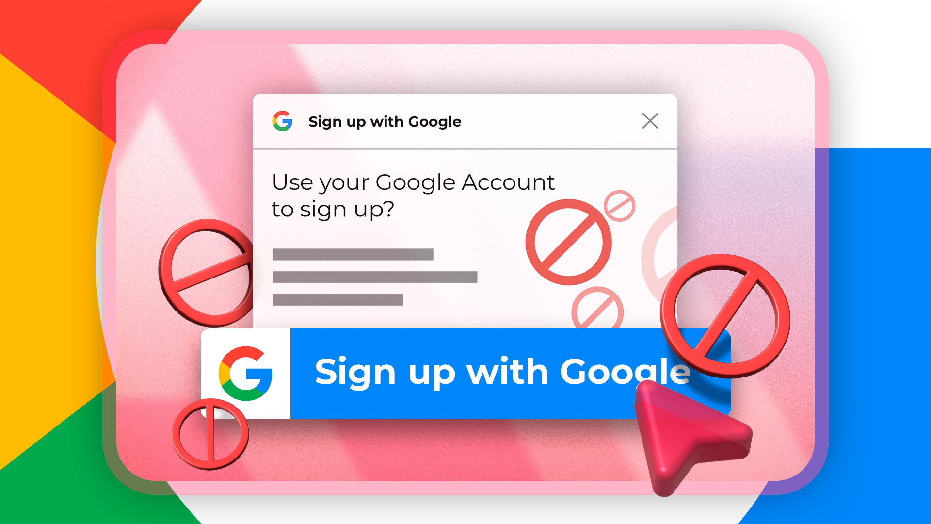 Um pop-up ‘Inscreva-se no Google’ com um cursor pairando sobre ele e alguns ícones de proibição ao redor.
