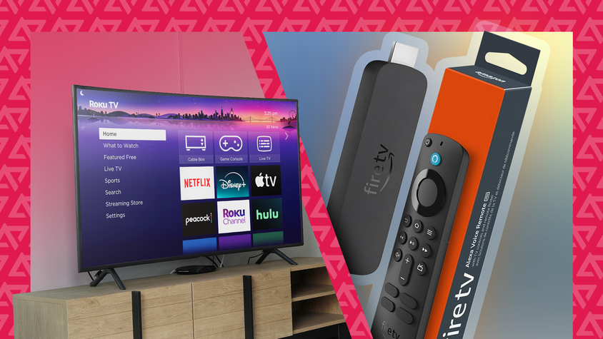 A smart TV with an Amazon Fire TV Stick next to it.