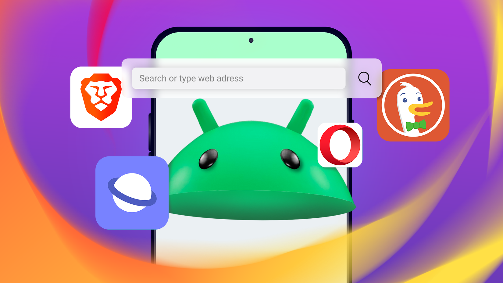 A smartphone screen with a browser open, the Android mascot, and some different browser logos around it.