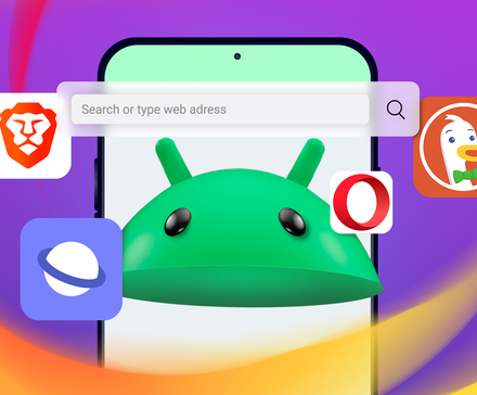 A smartphone screen with a browser open, the Android mascot, and some different browser logos around it.