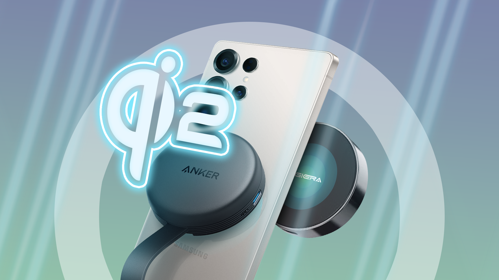 Uno smartphone con un accessorio collegato e il logo Qi2.