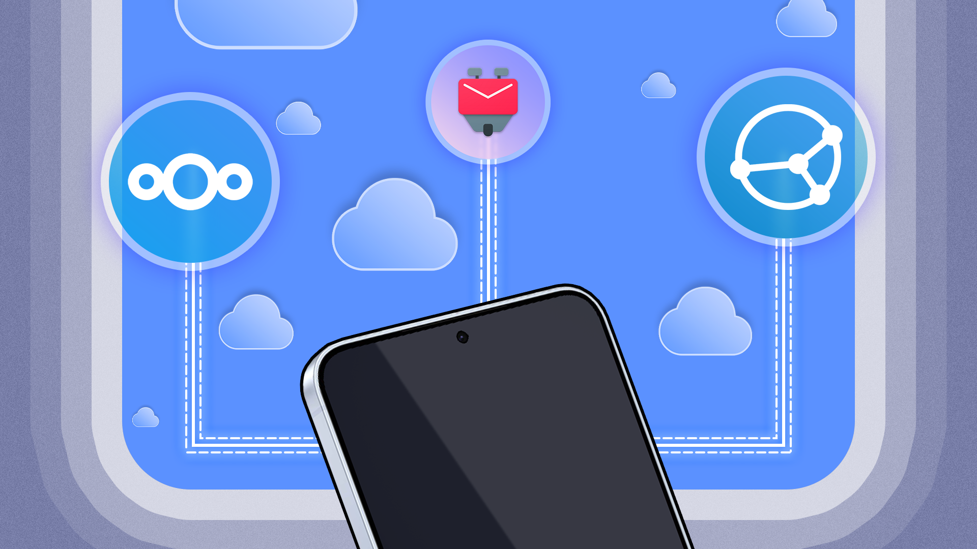 Uno smartphone con diverse app collegate e icone cloud attorno.