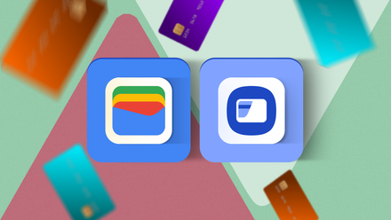 Uma superfície com o logótipo do Google Wallet junto ao logótipo do Samsung Wallet, rodeado por vários cartões de crédito.