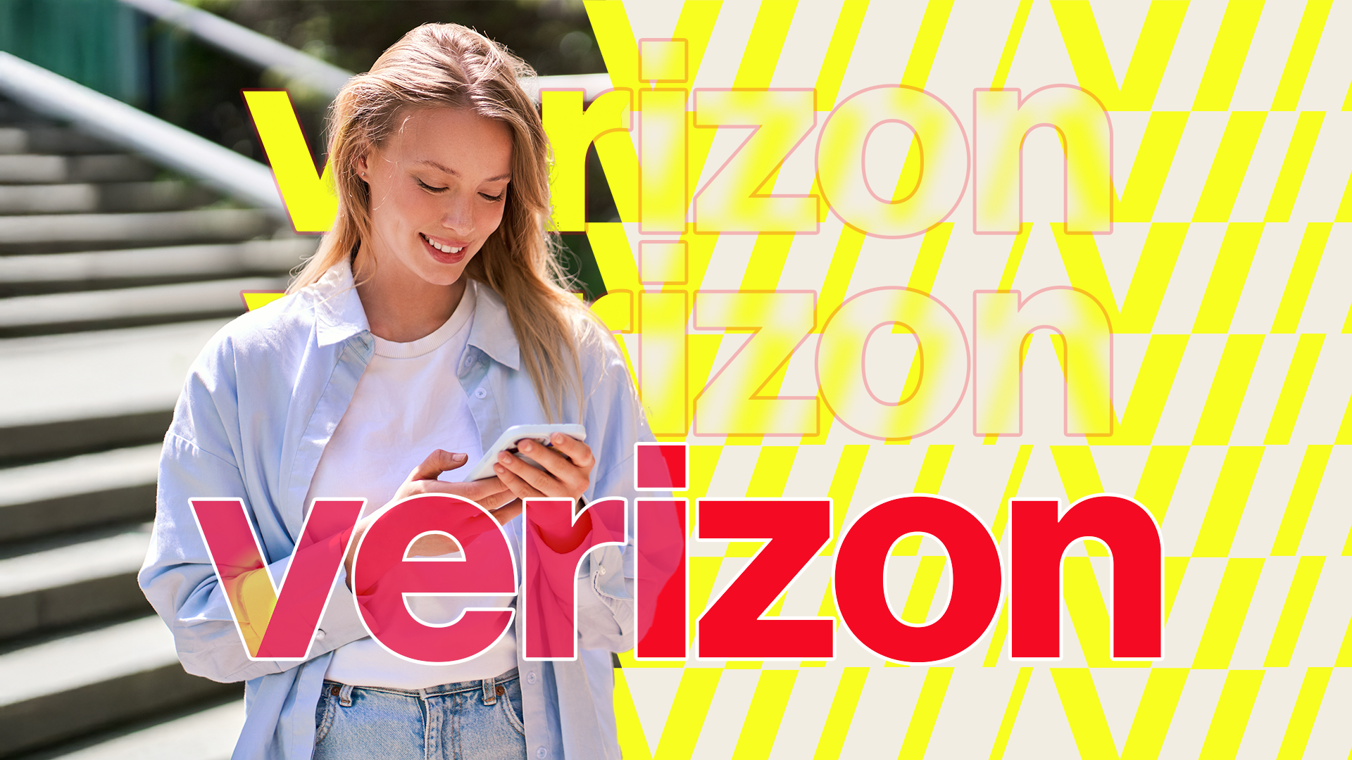A woman smiling while using her phone, with the Verizon logo in the center.