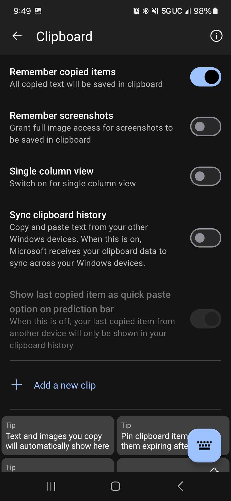 Clipboard settings can be customized